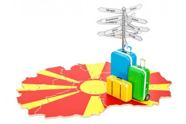 Makedonya seyahat kavramı. Bavul ve işaret ile Makedonya Haritası
