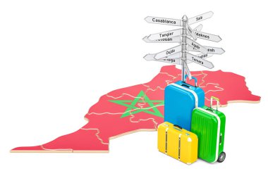 Fas Seyahat kavramı. Bavul ve yön tabelası ile Fas Haritası