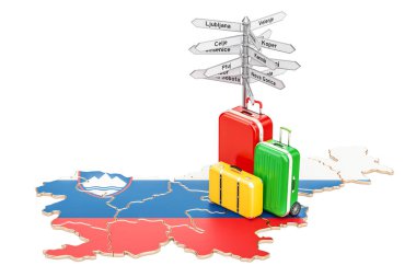 Slovenya seyahat kavramı. Slovence harita valiz ve signpo ile