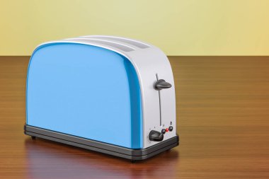 Ekmek kızartma makinesi üzerinde ahşap masa, 3d render