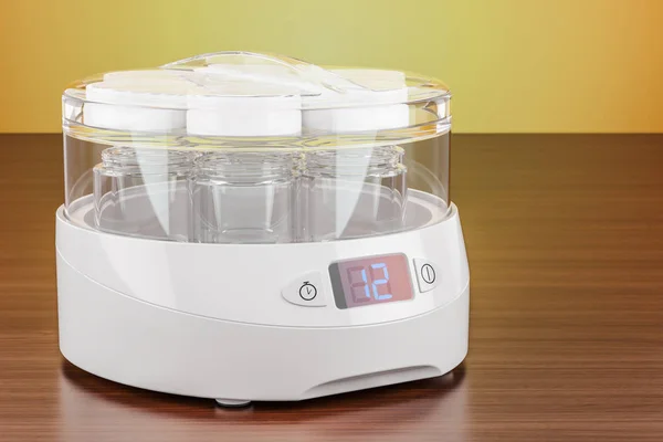 Automatic yogurt maker on the wooden table, 3D rendering — Stock Photo, Image