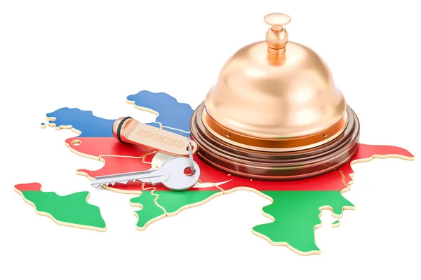 Azerbaiyán concepto de reserva. Bandera con llave del hotel y recepción — Foto de Stock