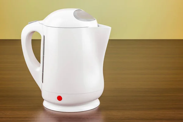 Electric kettle on the wooden table, 3D rendering — Stock Photo, Image