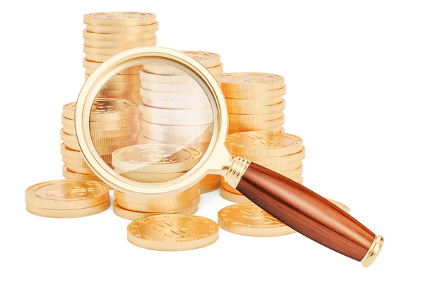 Monedas de oro con lupa, representación 3D —  Fotos de Stock