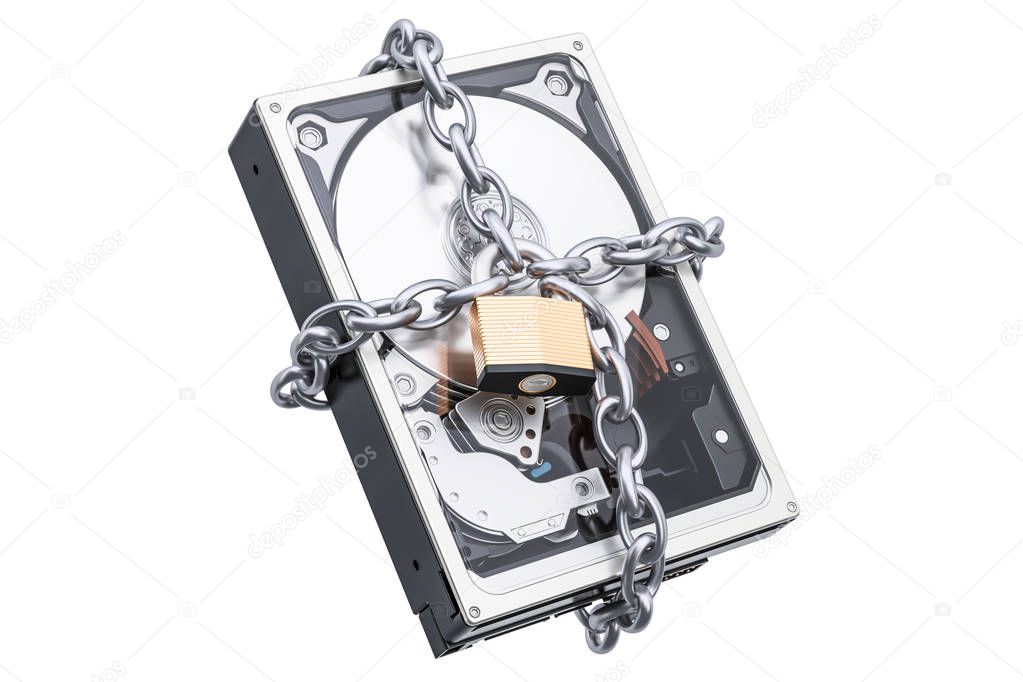 Hard Disk Drive HDD with chain and padlock. Security and protect