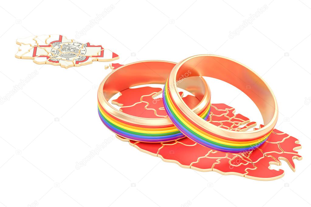 Malta map with LGBT rainbow rings, 3D rendering