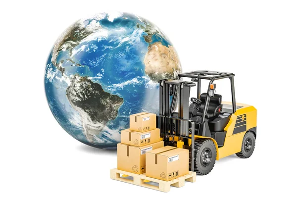 포크 리프트 트럭 및 소포 지구 지구입니다. 글로벌 배송 및 — 스톡 사진