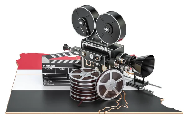 Cinema concept. Clapperboard with film reels and movie camera, 3 — Stock  Photo © alexlmx #164758650