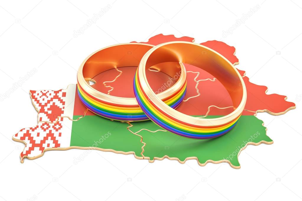 Belarus map with LGBT rainbow rings, 3D rendering