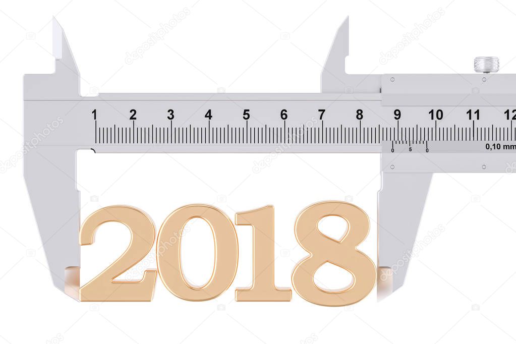 Vernier caliper with 2018, analysis of year concept. 3D renderin