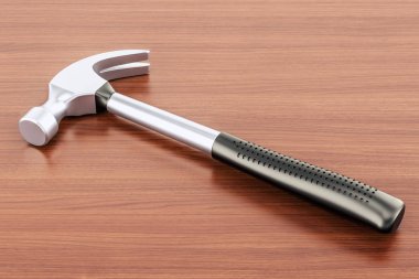 Ahşap masa üzerinde çekiç. 3D render 