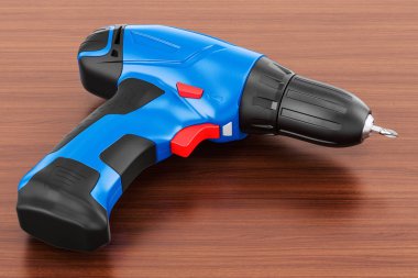 Ahşap masa üzerinde vida silah. 3D render 