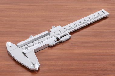 Vernier Kaliper ahşap masa üzerinde. 3D render 