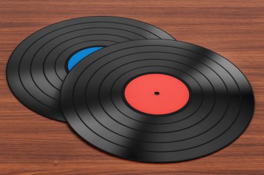 Ahşap masa vinil kayıtları. 3D render 