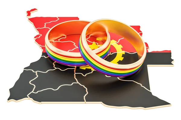 Mapa angoleño con anillos de arco iris LGBT, representación 3D — Foto de Stock