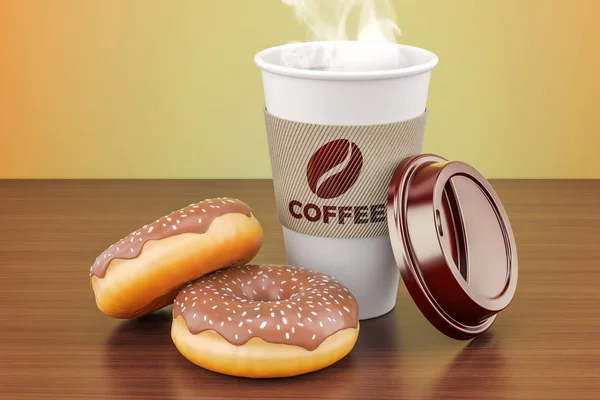 Disposable beker koffie met chocolade donuts op het houten tabblad — Stockfoto