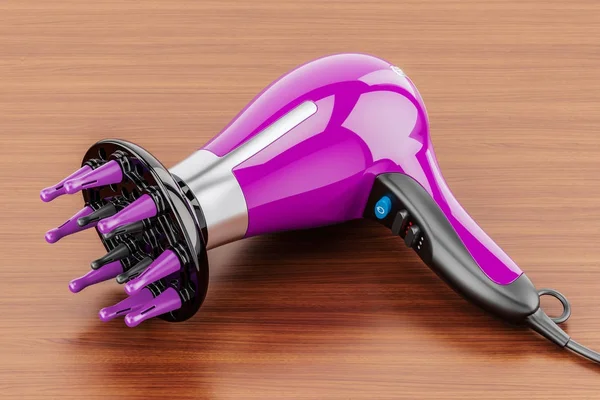 Hair dryer with nozzle on the wooden table. 3D rendering