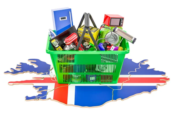 Mapa da Islândia com cesta de compras cheia de aplicativo para casa e cozinha — Fotografia de Stock