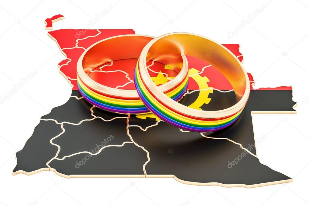 Angolan map with LGBT rainbow rings, 3D rendering