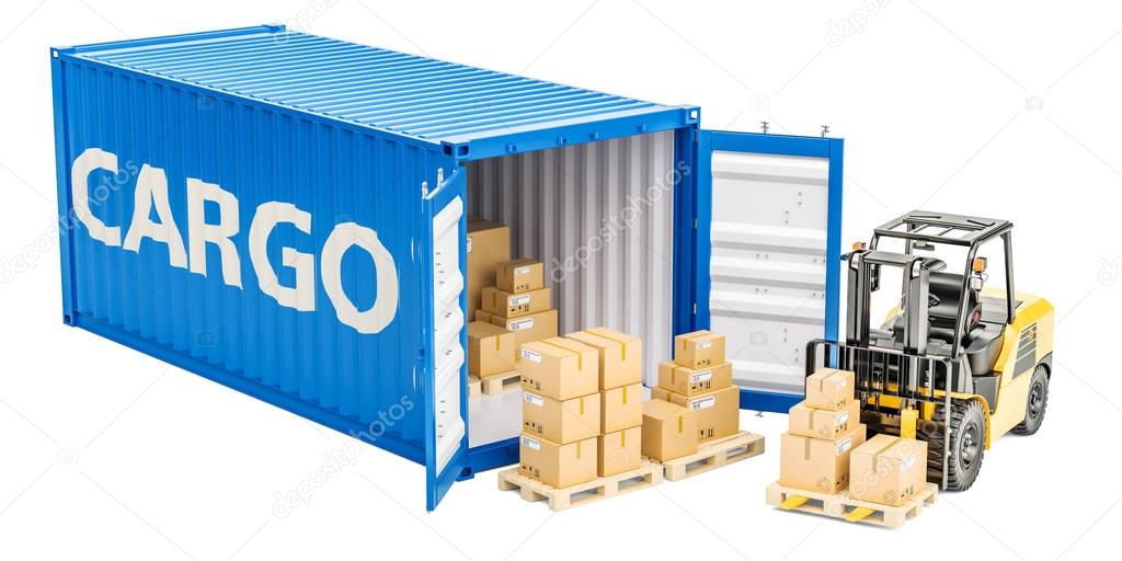 Cargo shipping concept, forklift truck and cargo container with 