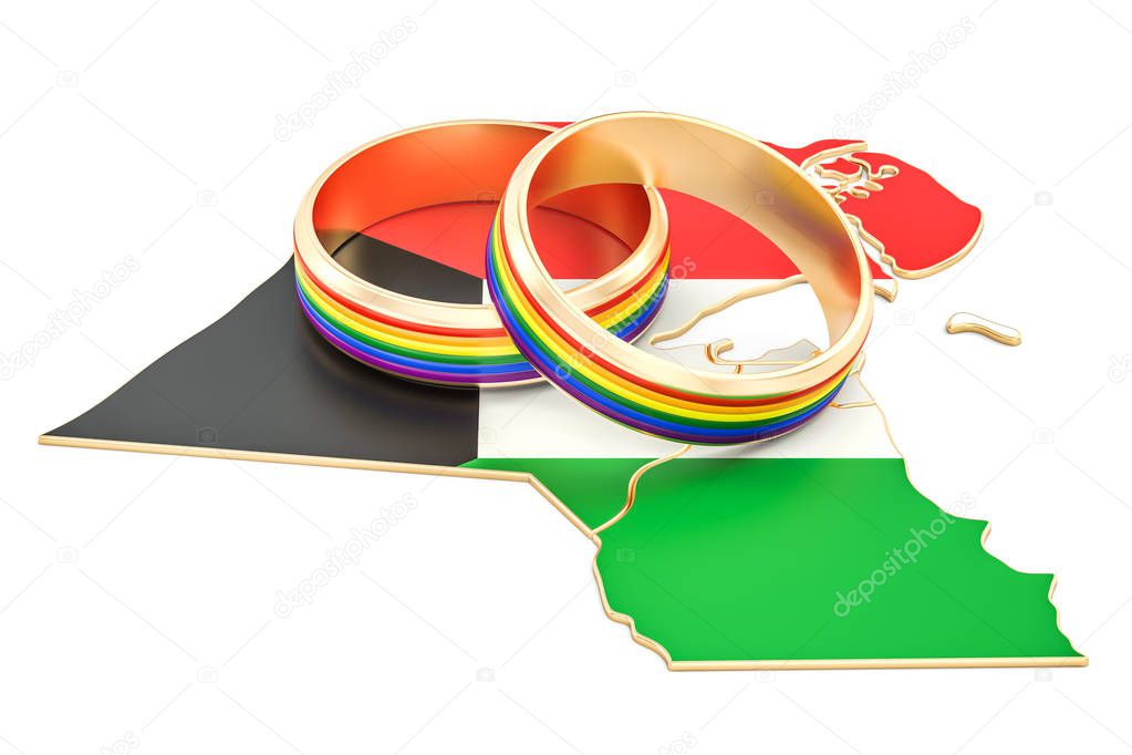 Kuwait map with LGBT rainbow rings, 3D rendering