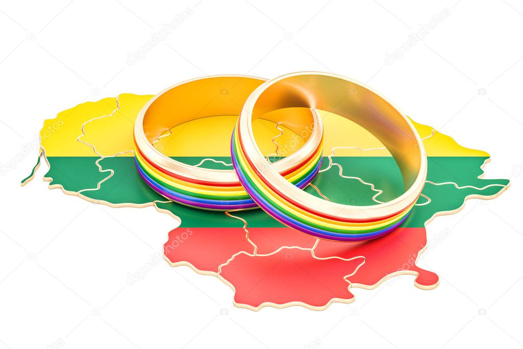 Lithuanian map with LGBT rainbow rings, 3D rendering