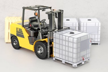 Forklift kamyon ile beyaz orta hacim konteyner, 3d render