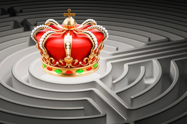 Coroa real dentro labirinto labirinto, renderização 3D — Fotografia de Stock