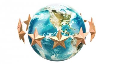 Dünya çevresinde dönen altın yıldız, 3d render beyaz arka plan üzerinde izole küre