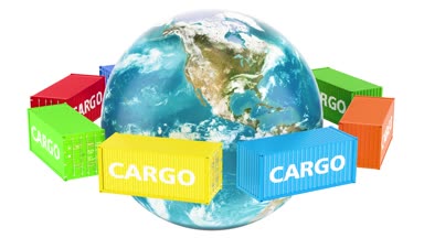 Dünya Dünya kargo konteyner ile döner. Genel kargo nakliye kavramı, beyaz arka plan üzerinde izole 3d render