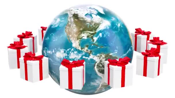 Earth Globe Met Presenteert Draaien Global Kerstmis Nieuwjaar Concept Rendering — Stockvideo