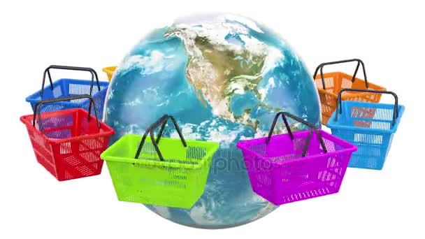 Shopping Baskets Rotation Earth Globe Worldwide Online Shopping Concept Rendering — Stock Video