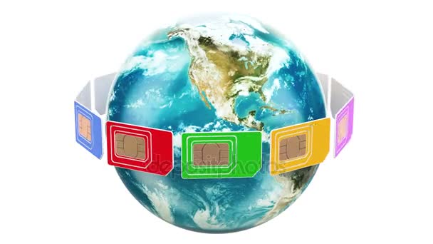Globala Mobil Kommunikation Sim Kort Roterande Jorden Världen Rendering — Stockvideo