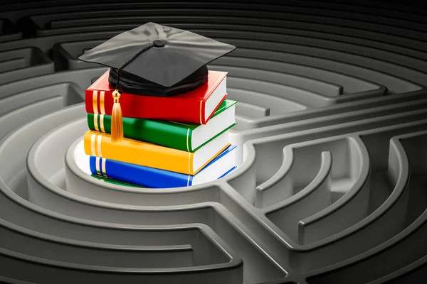 Libri con tappo di laurea all'interno labirinto labirinto. Rendering 3D — Foto Stock