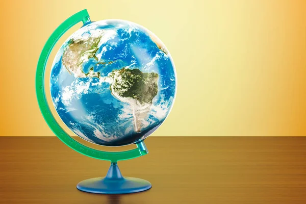 Geografisk globe av planeten Jorden på trebordet. 3D-anlegg – stockfoto