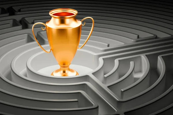 Gouden trofee cup award binnen labyrint-doolhof. 3D-rendering — Stockfoto