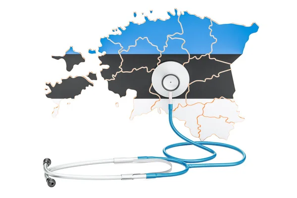 Ests-kaart met de stethoscoop, nationale gezondheidszorg concept, 3d — Stockfoto