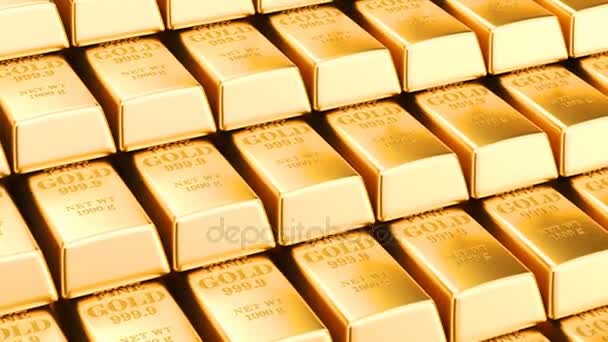 Moving Stacks Gold Bars Animated Background Golden Ingots Rendering — Stock Video