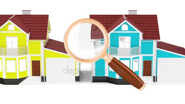 行的房子与放大镜 在白色背景上隔离3D — 图库视频影像