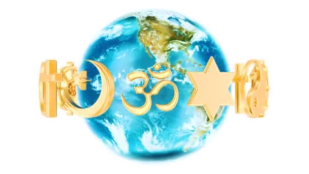 Symboles de religions avec globe terrestre rotatif, rendu 3D isolé sur fond blanc 