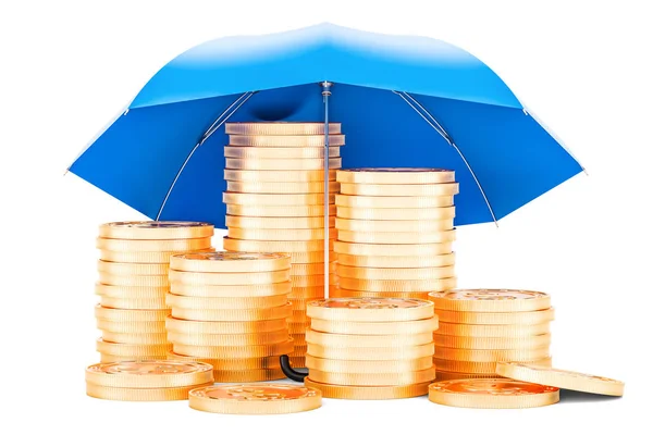 Pièces d'or sous parapluie, concept d'assurance financière. 3D ren — Photo