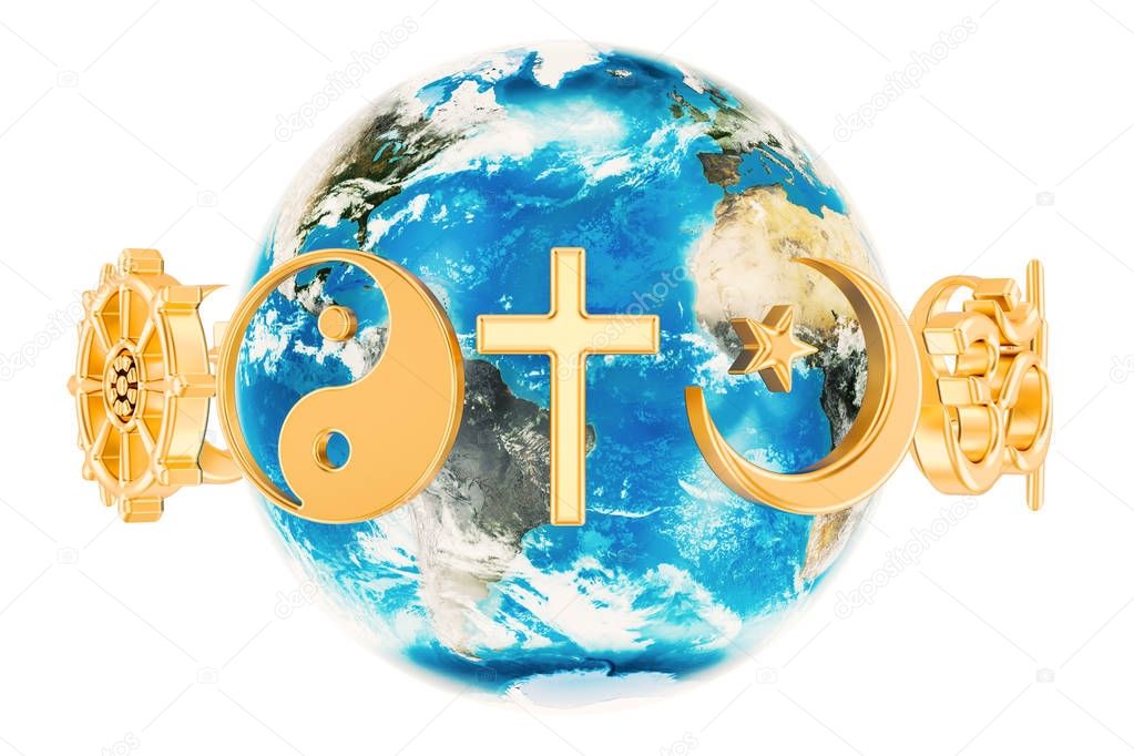 Religions symbols around the Earth Globe, 3D rendering