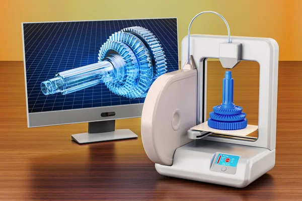 3D-printer met de computermonitor op de houten tafel. 3D-renderi — Stockfoto