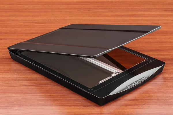 Fekete síkágyas szkenner, 3d rendering elszigetelt a fából készült asztal — Stock Fotó