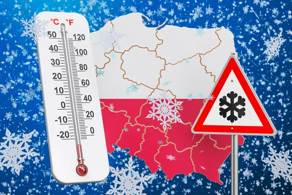 Huragan, śnieżyce i zimą burzy śnieżnej w Polsce pojęcie, 3d — Zdjęcie stockowe