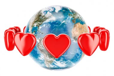 Earth globe with red hearts around, valentine's day concept. 3D  clipart