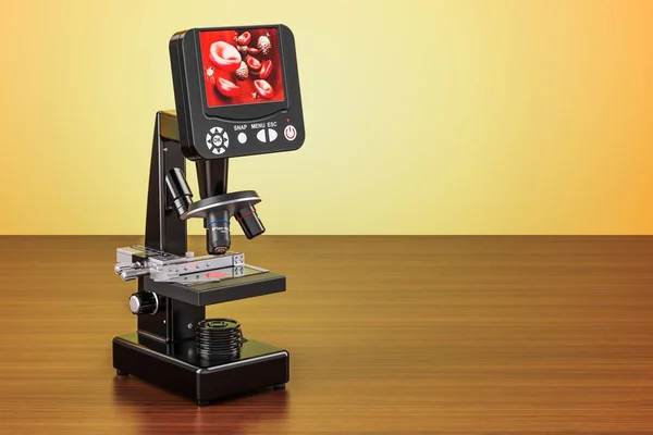 Digital modern microscope with  screen on the wooden table. 3D r