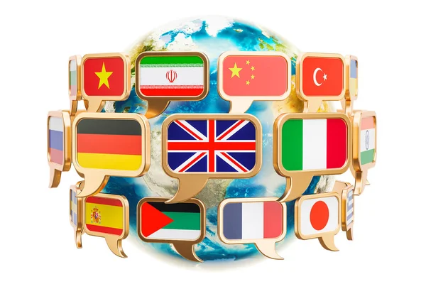 Міхура мови з прапорами в усьому світі землі, 3d-рендерінг — стокове фото