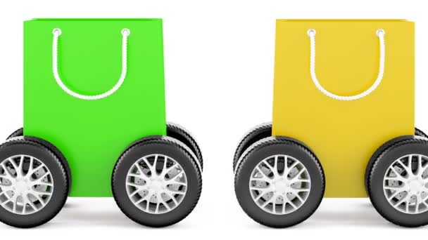 购物袋与汽车车轮 在白色背景上隔离3D — 图库视频影像