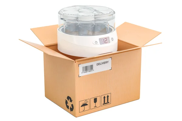 Automatic yogurt maker inside cardboard box, delivery concept. 3 — Stock Photo, Image